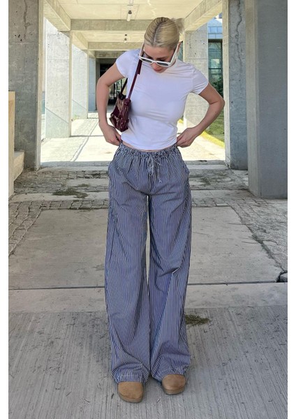 Siyah Beli Ayarlanabilir Bol Paça Dökümlü Çizgili Pantolon MG2087 fırsatları