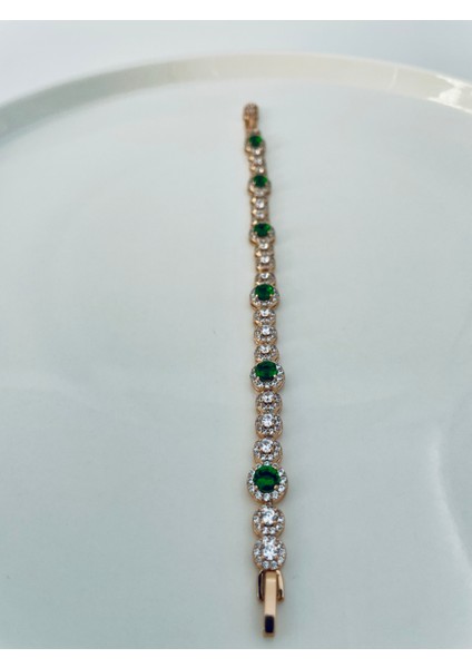 Xupıng Jewelry 14 Ayar Altın Kaplama, Yeşil Zirkon Taşlı Rose Bileklik