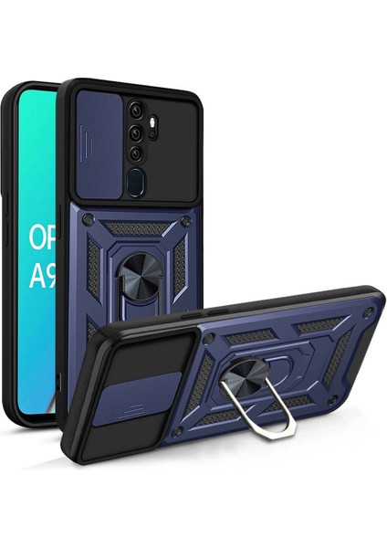 Caseworld Oppo A9 2020 Kapak Lens Sürgülü Kamera Korumalı Yüzüklü Stantlı Tank Kılıf - Lacivert