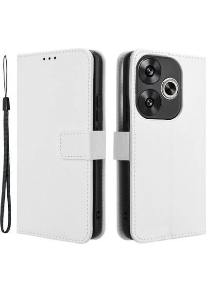 Xiaomi Poco F6 5g Kılıf Elmas Dokusu Katlanabilir Standlı Telefon Kapağı, El Kayışı-Beyaz (Yurt Dışından)