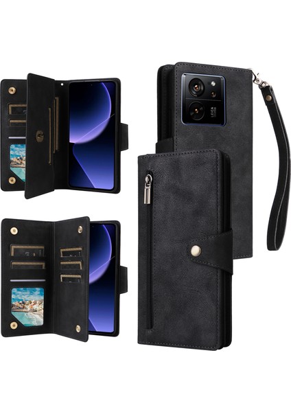 Xiaomi Redmi Için K60 Ultra Manyetik Kılıf Perçin Dekor Pu Deri Fermuar Cüzdan Kapak-Siyah (Yurt Dışından)