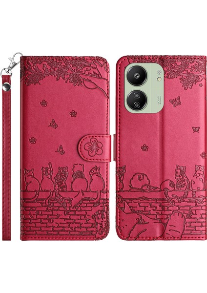 Xiaomi Redmi 13C 4g Kılıf Pu Deri Cüzdan Kapak Duvar Kedileri Desen-Kırmızı (Yurt Dışından)