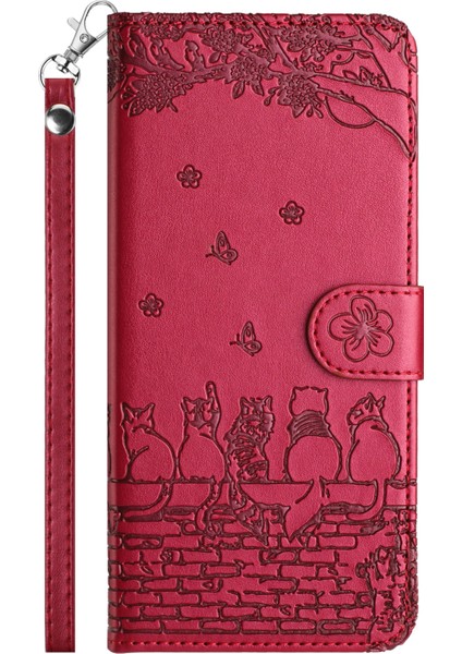 Xiaomi Redmi 13C 4g Kılıf Pu Deri Cüzdan Kapak Duvar Kedileri Desen-Kırmızı (Yurt Dışından) fırsatları