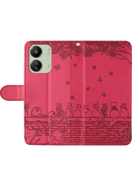 Xiaomi Redmi 13C 4g Kılıf Pu Deri Cüzdan Kapak Duvar Kedileri Desen-Kırmızı (Yurt Dışından) indirimleri
