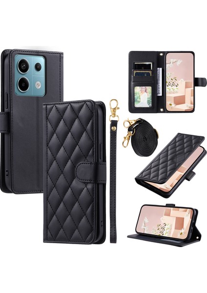 Xiaomi Redmi Note 13 Pro 5g Deri Kılıf Eşkenar Dörtgen Izgara Kart Tutucu Telefon Kapağı-Siyah Için (Yurt Dışından)