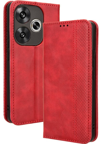 Xiaomi Poco F6 5g Kılıf Pu Deri Cüzdan Retro Doku Telefon Kapağı -Kırmızı Için (Yurt Dışından)