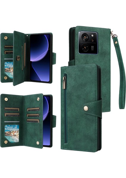 Xiaomi Redmi K60 Ultra Manyetik Kılıf Perçin Dekor Pu Deri Fermuar Cüzdan Kapak-Yeşil (Yurt Dışından)