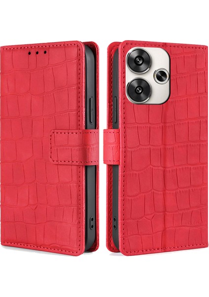 Xiaomi Poco F6 5g Kılıf Timsah Doku Deri Flip Standlı Telefon Kapağı-Kırmızı (Yurt Dışından)