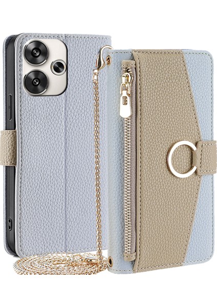 Xiaomi Poco F6 5g Telefon Kılıfı Fermuar Cüzdan Standı Ayna Fonksiyonlu Deri Kapak-Mavi (Yurt Dışından)