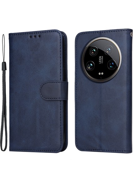 Xiaomi 14 Ultra Kılıf Için 3 Yuva Tutucu Buzağı Dokusu Manyetik Toka Telefon Kapağı-Mavi (Yurt Dışından)