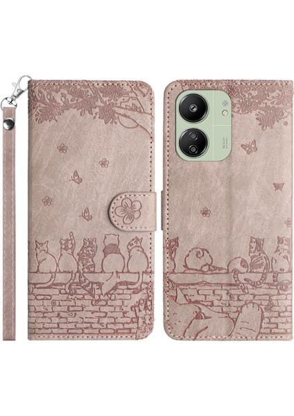 Xiaomi Redmi 13C 4g Kılıf Pu Deri Cüzdan Kapak Duvar Kedileri Desen-Dumanlı Mor Için (Yurt Dışından)