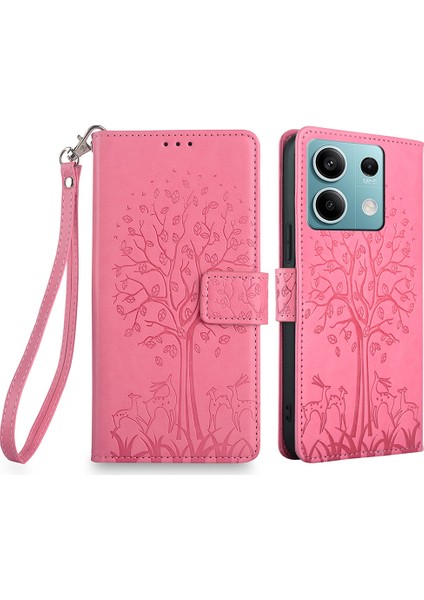 Xiaomi Redmi Note 13 4g Manyetik Kılıf Geyik Ağacı Desenli Pu Deri Telefon Kapağı-Pembe (Yurt Dışından)