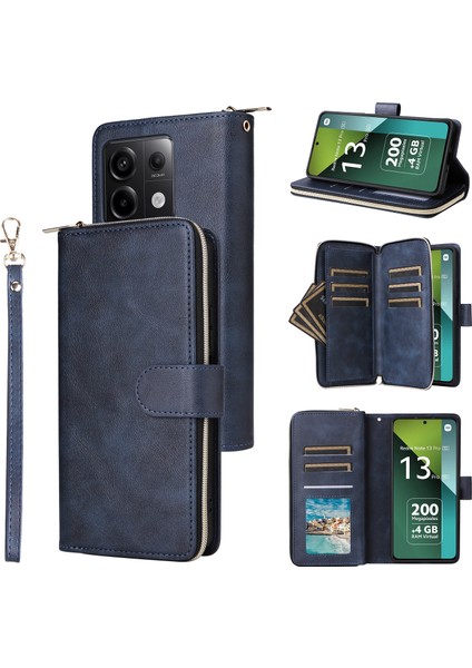 Xiaomi Redmi Note 13 Pro 5g Kılıf Fermuarlı Cep Deri Stand Telefon Kapağı-Mavi Için (Yurt Dışından)