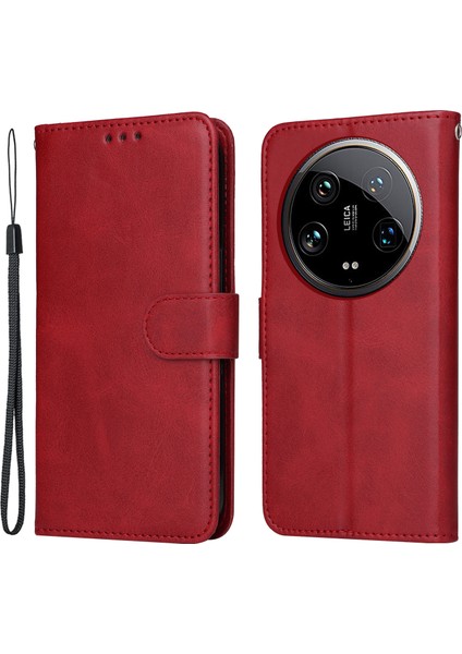 Xiaomi 14 Ultra Kılıf 3 Yuvalı Tutucu Buzağı Dokusu Manyetik Toka Telefon Kapağı-Kırmızı (Yurt Dışından)