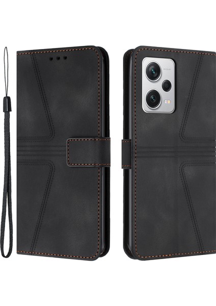 Xiaomi Redmi Note 12 5g(Global)/(Çin)/(Hindistan)Üçgen Baskılı Deri Cüzdan Kılıf Telefon Kapağı-Siyah (Yurt Dışından)