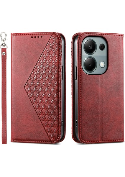 Xiaomi Redmi Note 13 Pro 4g Kılıf Pu Deri Eşkenar Dörtgen Baskılı Desen Cüzdan Telefon Kapağı-Kırmızı (Yurt Dışından)