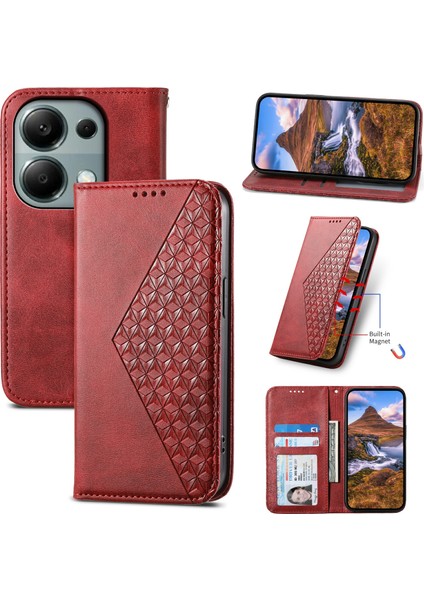 Xiaomi Redmi Note 13 Pro 4g Kılıf Pu Deri Eşkenar Dörtgen Baskılı Desen Cüzdan Telefon Kapağı-Kırmızı (Yurt Dışından) indirimleri