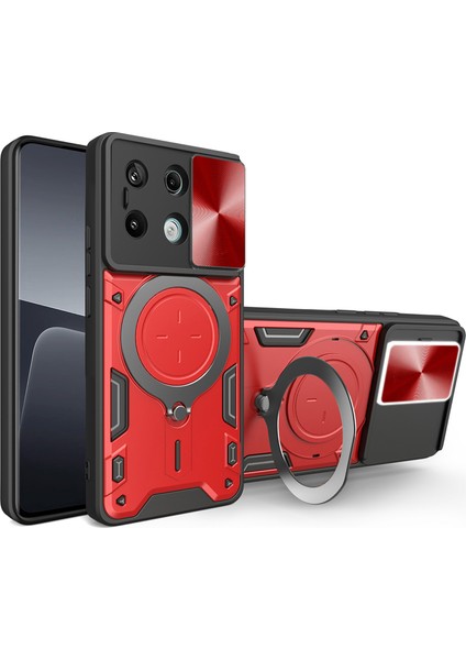 Xiaomi Redmi Note 13 Pro 5g Kılıf Kickstand Tpu+Pc Telefon Kapağı, Slayt Lens Kapaklı-Kırmızı (Yurt Dışından)
