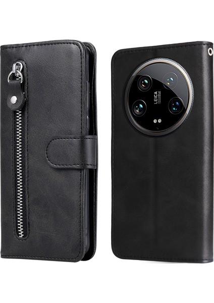 Xiaomi 14 Ultra Kılıf Buzağı Doku Fermuar Cüzdan Pu Deri Koruyucu Telefon Kapağı-Siyah (Yurt Dışından)