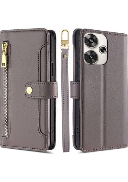 Xiaomi Poco F6 5g Kılıf Pu Deri Fermuar Çevirmeli Telefon Kapağı 6 Kart Yuvalı-Gri (Yurt Dışından)