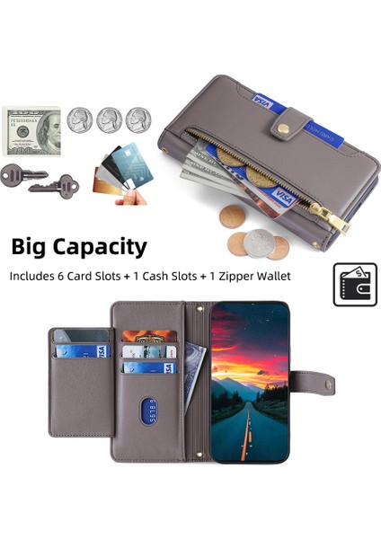 Xiaomi Poco F6 5g Kılıf Pu Deri Fermuar Çevirmeli Telefon Kapağı 6 Kart Yuvalı-Gri (Yurt Dışından) indirimleri