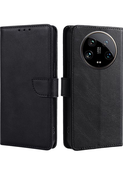 Xiaomi 14 Ultra Manyetik Telefon Kılıfı Cüzdan Standı Pu Deri + Tpu Kapak-Siyah (Yurt Dışından)