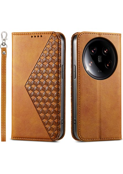 Xiaomi 14 Ultra Kılıf Pu Deri Eşkenar Dörtgen Baskılı Desen Cüzdan Telefon Kapağı-Sarı (Yurt Dışından)
