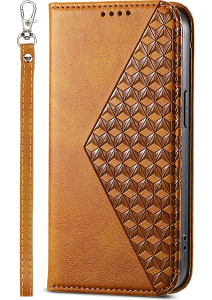 Xiaomi 14 Ultra Kılıf Pu Deri Eşkenar Dörtgen Baskılı Desen Cüzdan Telefon Kapağı-Sarı (Yurt Dışından)