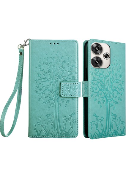 Xiaomi Poco F6 5g Kılıf Pu Deri Geyik Baskılı Cüzdan Telefon Kapağı-Yeşil (Yurt Dışından)