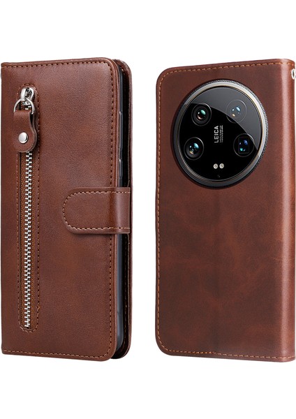 Xiaomi 14 Ultra Kılıf Buzağı Doku Fermuar Cüzdan Pu Deri Koruyucu Telefon Kapağı-Kahverengi (Yurt Dışından)