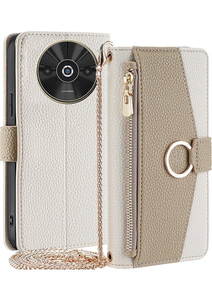 Xiaomi Poco C61 4g Crossbody Kordon Kılıfı Deri Cüzdan Telefon Kapağı Makyaj Aynası-Beyaz (Yurt Dışından)