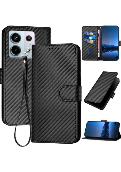 Xiaomi Redmi Için Not 13 Pro 5g Kılıf Karbon Fiber Doku Deri Cüzdan Halkalı Telefon Kılıfı Kapak-Siyah (Yurt Dışından)