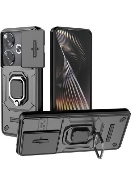 Xiaomi Poco F6 5g Kılıf Kickstand Pc+Tpu Telefon Kapağı Sürgülü Lens Koruması-Siyah (Yurt Dışından)
