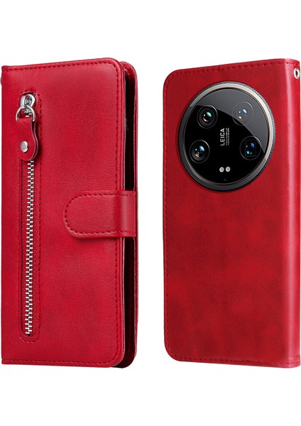 Xiaomi 14 Ultra Kılıf Buzağı Doku Fermuar Cüzdan Pu Deri Koruyucu Telefon Kapağı-Kırmızı (Yurt Dışından)