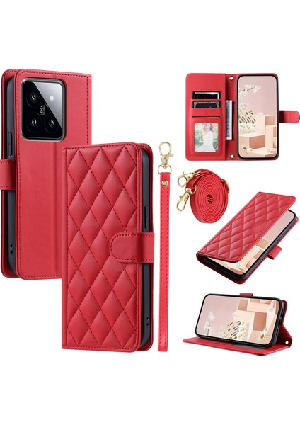 Xiaomi 14 Pro Kılıf Eşkenar Dörtgen Izgara Standı Telefon Kılıfı ile Crossbody Kordon-Kırmızı (Yurt Dışından)