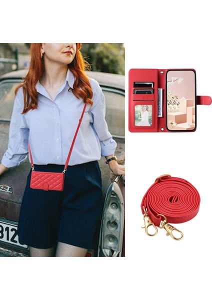 Xiaomi 14 Pro Kılıf Eşkenar Dörtgen Izgara Standı Telefon Kılıfı ile Crossbody Kordon-Kırmızı (Yurt Dışından)