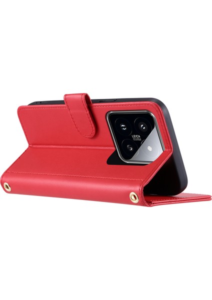 Xiaomi 14 Pro Kılıf Eşkenar Dörtgen Izgara Standı Telefon Kılıfı ile Crossbody Kordon-Kırmızı (Yurt Dışından)