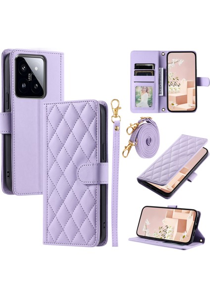 Xiaomi 14 Pro Kılıf Için Eşkenar Dörtgen Izgara Standı Telefon Kapağı Crossbody Kordon-Mor (Yurt Dışından)
