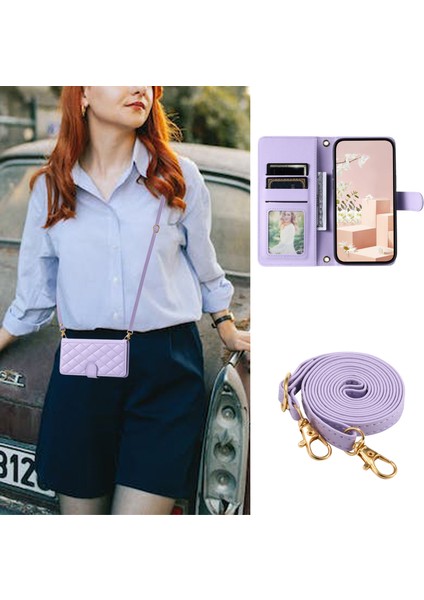 Xiaomi 14 Pro Kılıf Için Eşkenar Dörtgen Izgara Standı Telefon Kapağı Crossbody Kordon-Mor (Yurt Dışından)