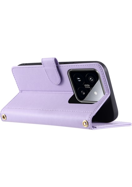 Xiaomi 14 Pro Kılıf Için Eşkenar Dörtgen Izgara Standı Telefon Kapağı Crossbody Kordon-Mor (Yurt Dışından)
