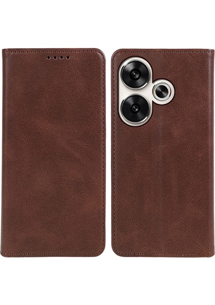 Xiaomi Poco F6 5g Kılıf Deri Manyetik Flip Buzağı Doku Telefon Kapağı-Kahverengi (Yurt Dışından)