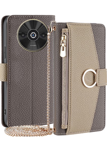 Xiaomi Poco C61 4g Crossbody Kordon Kılıfı Deri Cüzdan Telefon Kapağı Makyaj Aynası-Gri (Yurt Dışından)
