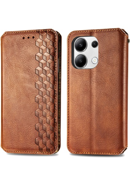 Xiaomi Redmi Note 13 4g Cüzdan Kapağı Baskılı Eşkenar Dörtgen Deri Telefon Kılıfı-Kahverengi (Yurt Dışından)