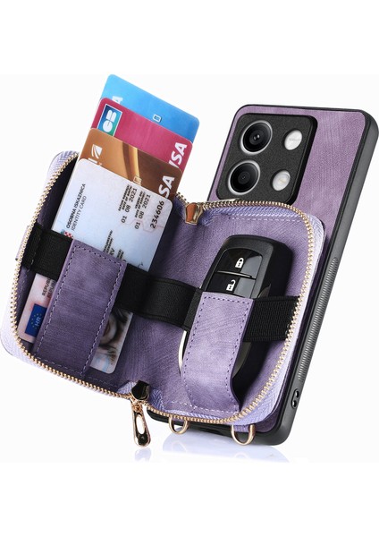 Xiaomi Redmi Note 13 4g Kılıf Fermuarlı Cüzdan Deri+Tpu+Pc Telefon Kılıfı Çapraz Askılı-Mor (Yurt Dışından)
