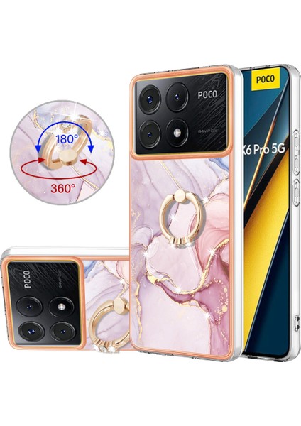 Xiaomi Poco X6 Pro 5g Mermer Desenli Telefon Kılıfı Için Kickstand-Gül Altın 005 (Yurt Dışından)