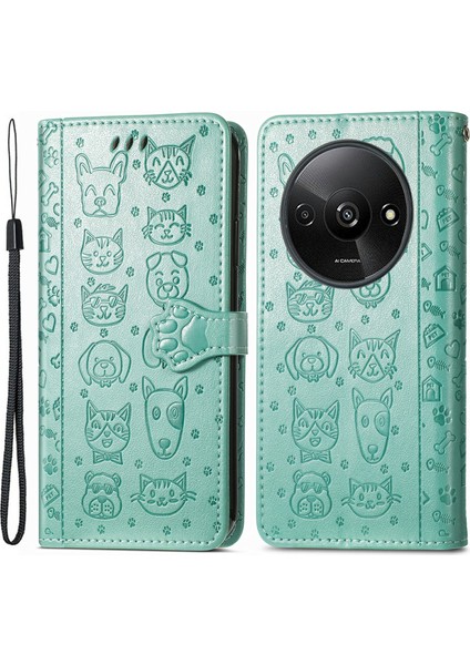 Xiaomi Redmi Için A3 Kılıf Sevimli Kedi Köpek Baskılı Pu Deri Flip Telefon Kapağı-Yeşil (Yurt Dışından)