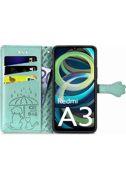 Xiaomi Redmi Için A3 Kılıf Sevimli Kedi Köpek Baskılı Pu Deri Flip Telefon Kapağı-Yeşil (Yurt Dışından) fiyatları