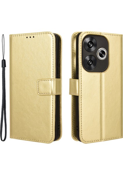 Xiaomi Poco F6 5g Kılıf Bilek Kayışı Crazy Horse Doku Manyetik Toka Telefon Kapağı-Altın (Yurt Dışından)
