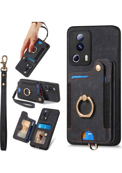 Xiaomi 13 Lite Telefon Kılıfı Için Vintage Kart Yuvaları Kickstand Rfıd Engelleme Kapak-Siyah (Yurt Dışından)