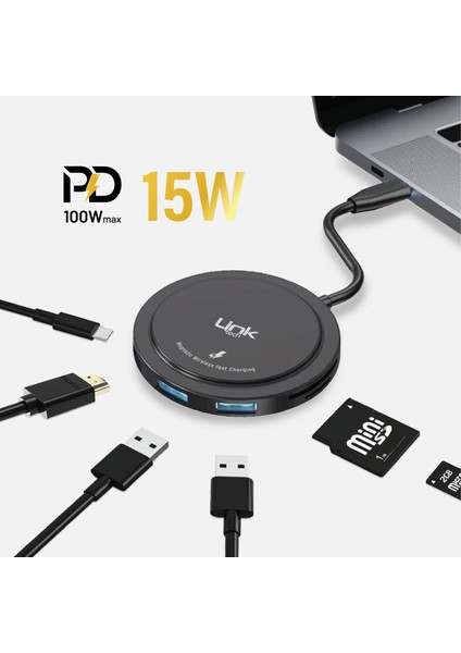 A200 Premium 7'sı 1 Arada Kablosuz Şarj Pedi, Usb-C Hub ve Kart Okuyucu